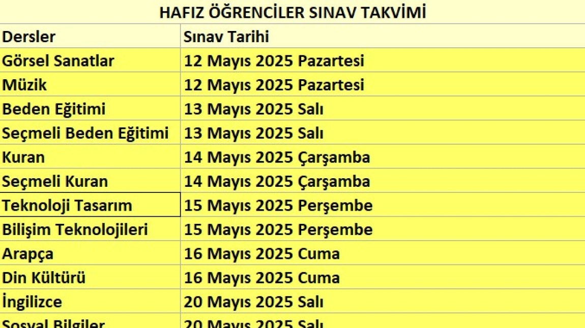 HAFIZLIK ÖĞRENCİLERİ YIL SONU BİTİRME SINAVLARI SINAV TAKVİMİ